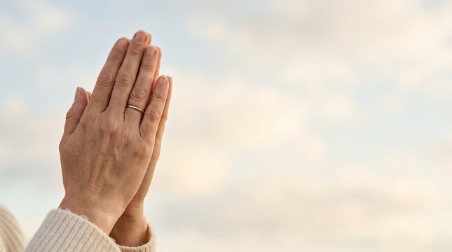 Hope and faith concept, close up of female hands folded in prayer against bright cloudy sky background