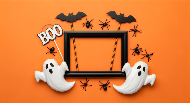 A spooky and festive halloween scene with ghosts bats spiders and an empty frame for creative displays