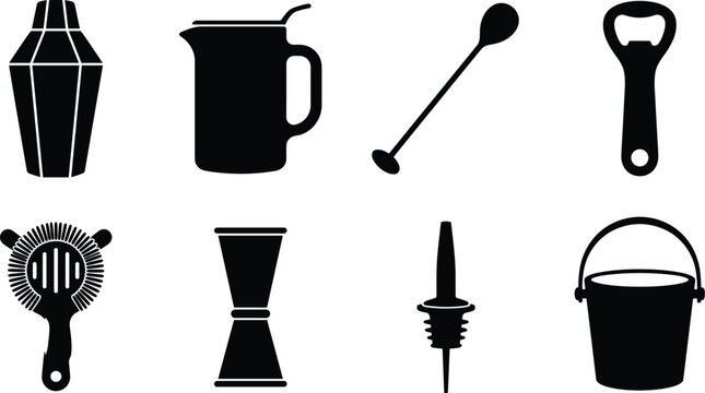 Black silhouette collection of essential cocktail bar tools and professional bartending equipment