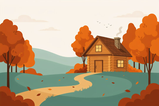A cozy rustic wooden cabin with a chimney on a gentle green hill surrounded by vibrant orange autumn trees and a winding dirt path leading through a picturesque seasonal landscape under a clear sky