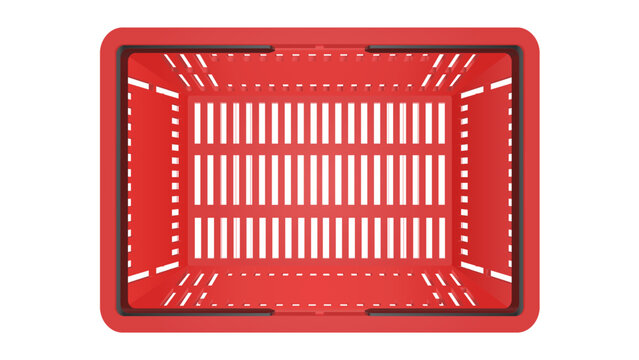 Plastic shopping basket. Red store empty basket. Supermarket shopping cart. Top view.