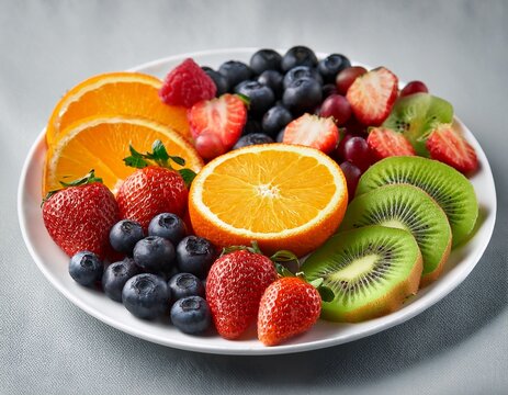 fresh fruit platter with sliced kiwi orange strawberries blueberries and grapes on white plate