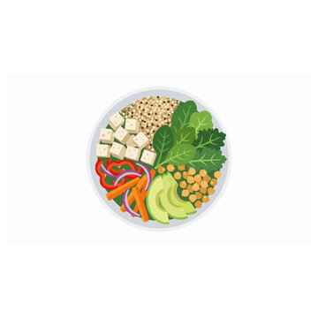 Healthy vegan bowl with tofu quinoa and fresh vegetables for balanced diet.