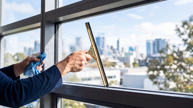 Cropped hands cleaning an office window with a squeegee on a bright sunny day, streak free glass concept, indoor, with copy space