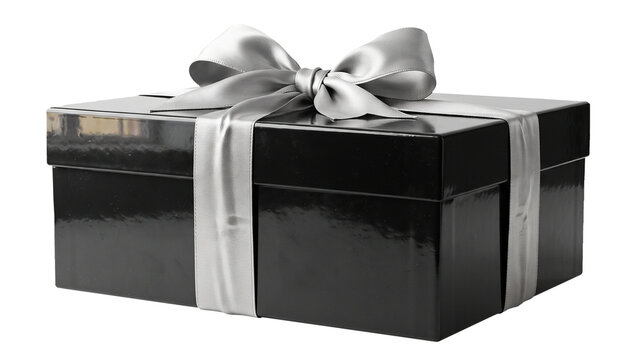 Shiny black gift box with silver ribbon and bow, elegant present isolated on transparent background