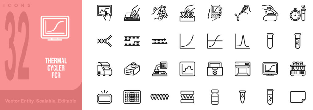 Thermal cycler PCR line icon set. Includes symbols for DNA amplification PCR machine temperature profile and tube. Line vector icons for molecular biology and genetic testing.