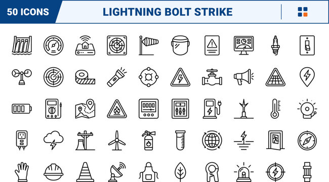 Lightning bolt strike line icon set. Vector pictograms of weather, hazard, energy, and safety elements, thin linear illustration.