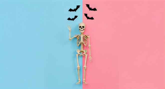 A striking visual representation of halloween's duality featuring a skeleton split between pink and blue backgrounds embodying contrast