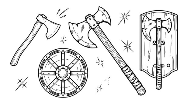 Viking medieval battle gear outline set, woodcutter axe, double axe, round shield with metal frame, and wall display