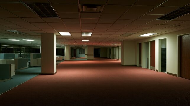 An empty dark office corridor with dim overhead lighting and red carpet. Use this eerie liminal space for mystery or psychological horror concepts.