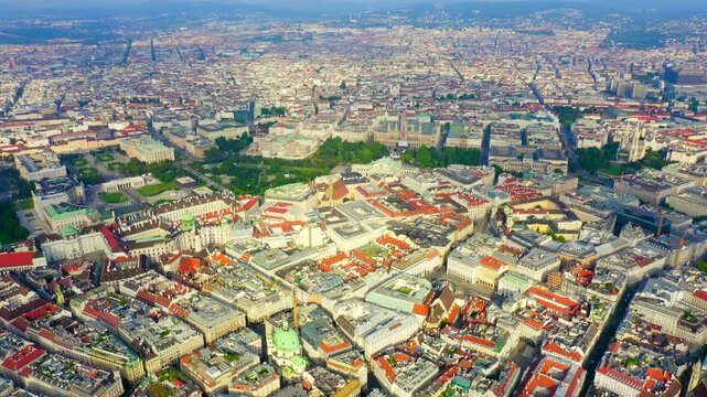 Vienna, Austria. Flight over the historic city center of Vienna. Parks and palaces. St. Stephen's Cathedral (Germany: Stephansdom). Drone footage