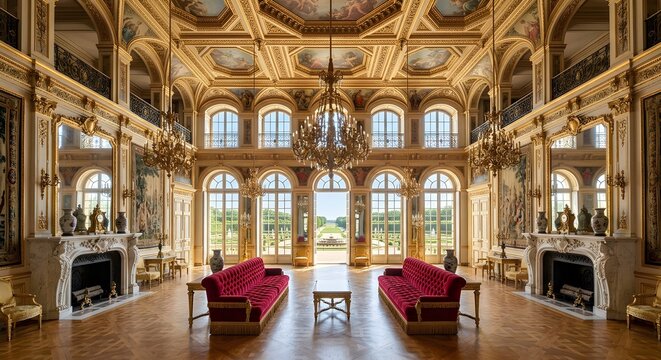 Luxury Palace Interior with Ornate Gold Details and Red Velvet Sofas