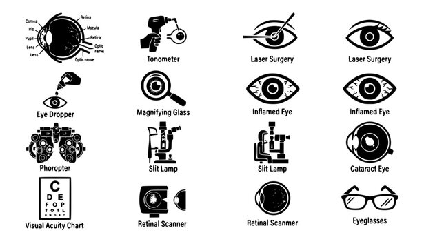 Comprehensive eye clinic diagnostic icon set, cataract examination, tonometer pressure test, slit lamp, and optical vision test chart