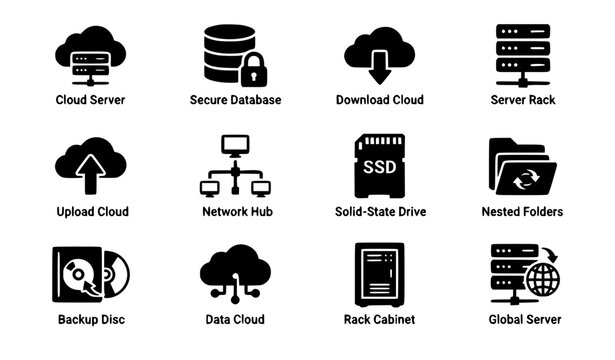 Data cloud and server management flat vector icon set, cloud backup, secure database padlock, SSD, and nested folders isolated on white background