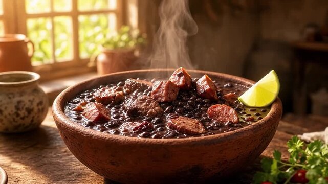 Slow-Motion Ladle Pouring Rich Feijoada Stew Into a Rustic Clay Bowl