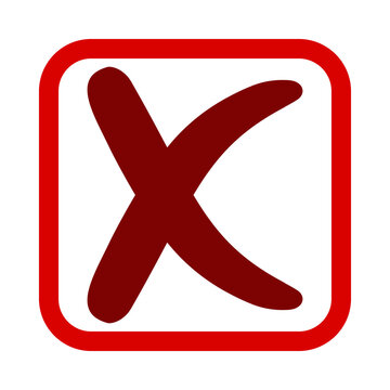 A red square button icon featuring a bold cross symbol for rejection or incorrect choice transparent background