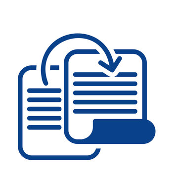 Blue flat icon showing a file transfer or document migration process transparent background