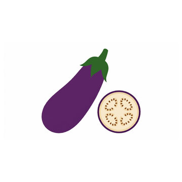 Purple eggplant whole and slice flat illustration for healthy eating meal recipes.