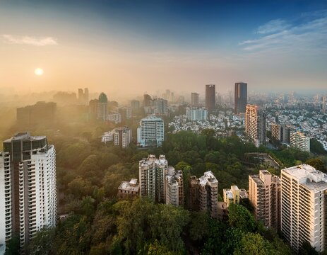 pune skyline as seen from above skyscrapers rising through the haze soft sunlight illuminating treetops amidst the dense urban layout hazy smog creating a serene muted tone