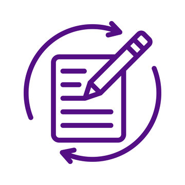 Purple outline icon of a pencil writing on a document surrounded by a circular refresh arrow symbol transparent background