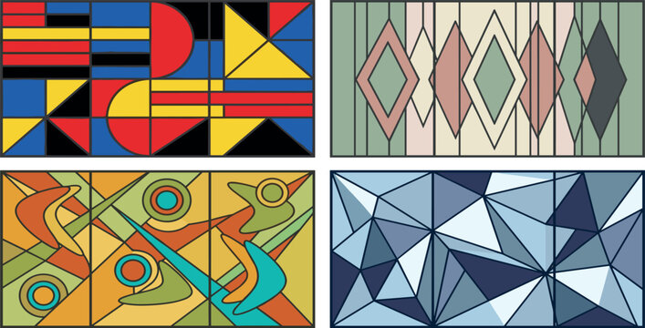 Comprehensive Fine Art Abstract Pattern Panel Asset Set Featuring De Stijl Pop Art Geometrics, Art Deco Harlequin Diamonds, and Low Poly Ice Crystals