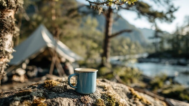 Blue enamel mug resting on mossy rock beside sunlit riverside with blurred tent and trees, creating calm outdoor camping mood with textured foreground, soft water backdrop, and warm natural light