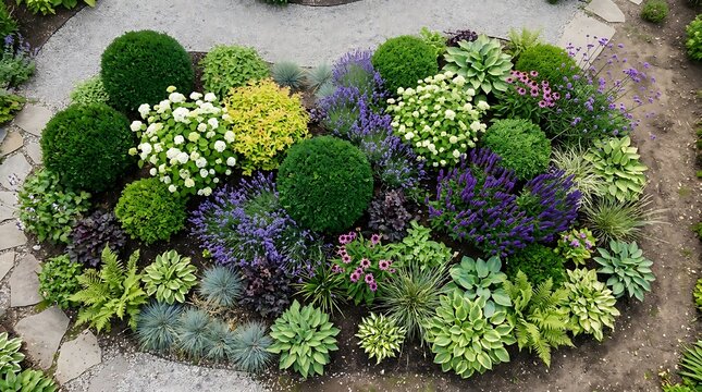 Beautiful lush flower bed with various green plants and colorful flowers in a well maintained summer garden landscape
