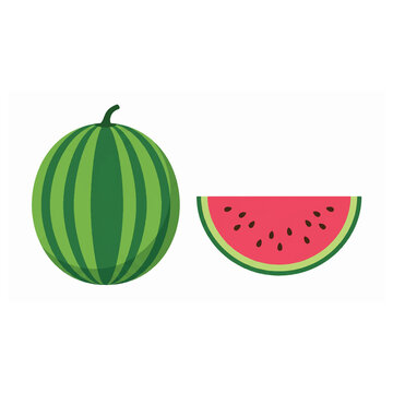 Striped green watermelon with red inner slice provides refreshing summer fruitage.