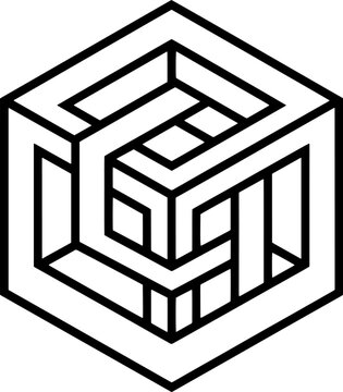 Abstract cubic labyrinth design in black on transparent background, optical illusion graphic, complex maze cube pattern.