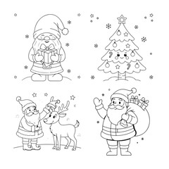 Fototapeta premium Christmas coloring page with santa claus, reindeer, gnome, and decorated pine tree