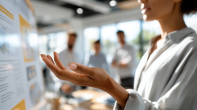 Close-up hand gesture toward printed presentation during modern office meeting, with blurred team in background and warm ambient light in collaborative workplace scene