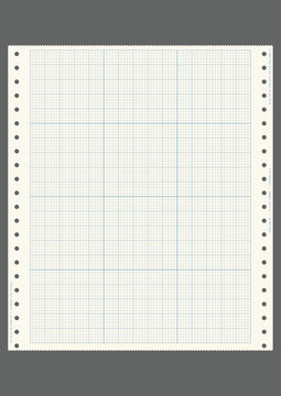 Vector illustration of vintage blue tractor-feed computer paper with perforated pinfeed edges and blueprint square pattern on aged matrix printer paper. Retro blueprint paper template. 