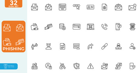 Phishing Vector illustration line editable Icons set.  for hacking, information hack, and cybercrime, email scam, and more. on white background. © Icon_Lab