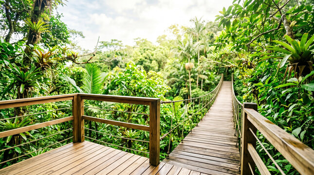 Rainforest canopy walkway platform view in lush tropical jungle  