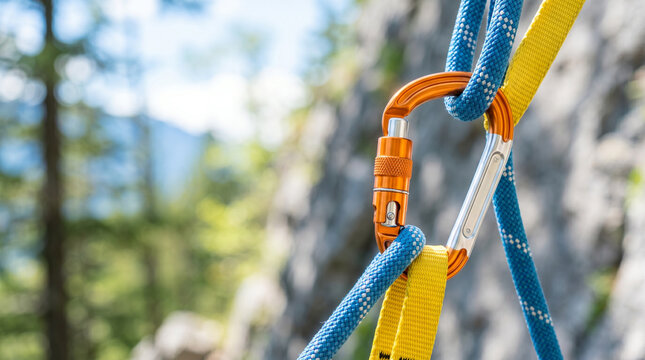 Rigging carabiner clip security fastener on climbing rope outdoors  