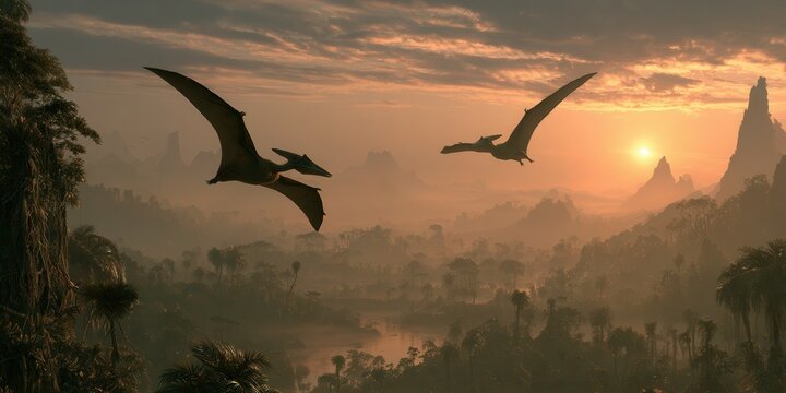 Two pterodactyls gliding over misty prehistoric rainforest at sunrise, warm backlight, layered mountain silhouettes, broad wings, atmospheric sky, dramatic natural scene