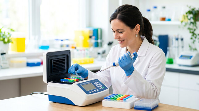 Researcher loading samples into PCR machine in laboratory setting  