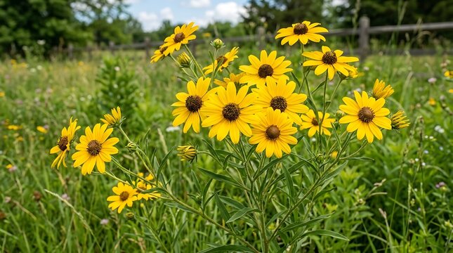 Bright yellow black eyed susan flowers blooming in a wild green meadow during a sunny summer day in the countryside