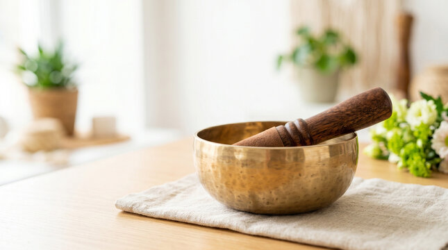Singing bowl with wooden mallet resting on a table in serene setting  