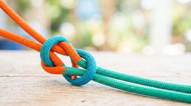 Sheet bend knot joining two ropes on a wooden surface  