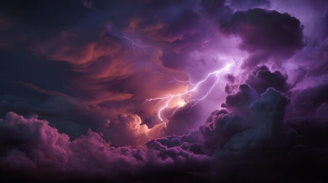 Dark storm clouds lit by vivid purple lightning with dramatic atmospheric depth, turbulent texture, smoky layers, glowing contrast and cinematic moody sky, with storm, cloud, lightning, purple detail