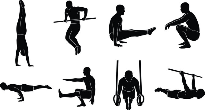 Male Calisthenics and Bodyweight Workout Silhouettes Vector Set for Fitness Designs