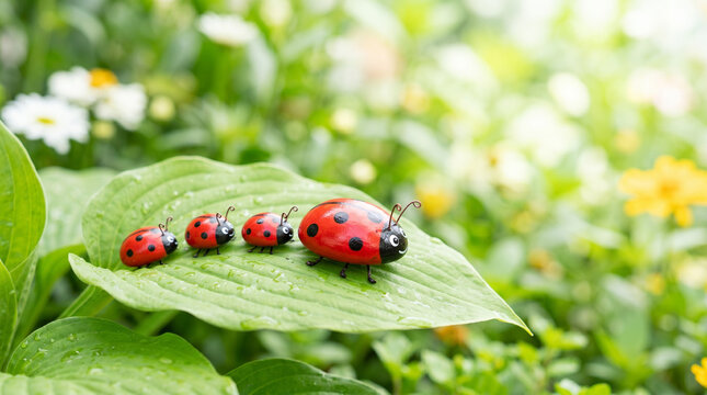 Stone ladybug family on a green leaf in a vibrant garden  