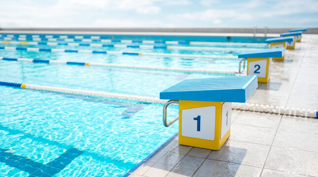 Starting blocks at empty pool with clear blue water and sky  