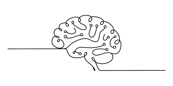 Continuous single line drawing of a human brain with digital circuit nodes