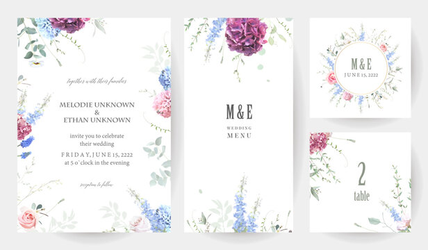 Bridgerton inspired pastel floral vector design frames. Blue delphinium, white peony, pink rose, ranunculus, hyacinth, hydrangea, greenery and plants. All flowers and branches are isolated and movable