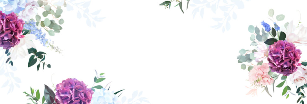Bridgerton inspired pastel floral vector design frame. Blue delphinium, hydrangea, white peony, eucalyptus, rose, hyacinth, greenery and plants card. All flowers and branches are isolated and movable