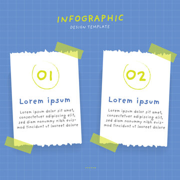 2 steps infographic design template. Torn paper notes with green masking tape and doodle numbers on blue grid background.