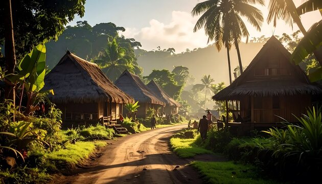 Tropical landscape with thatched hut and volcano backdrop.