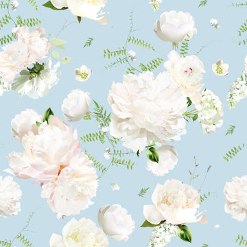 Pink, blush and white peony, green wispy sweet pea, sage greenery vector seamless spring pattern. Cut out soft and fluffy blooms. Floral summer watercolor print. Dusty blue backdrop for a nursery room